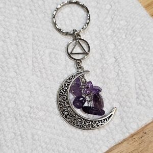 Silver Crescent Moon Keychain with Purple Stone Charms
